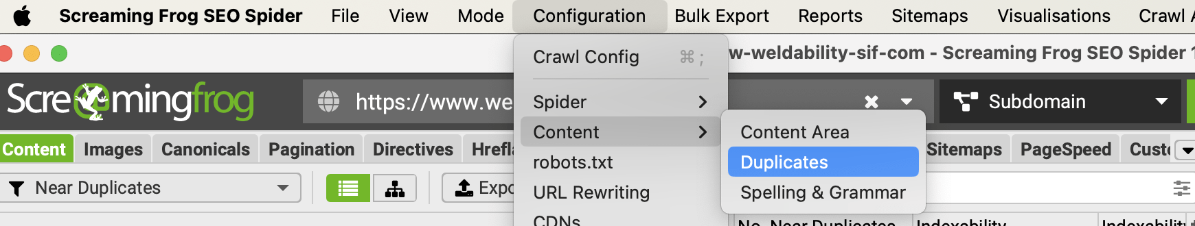 Screaming Frog configuration for duplicate content