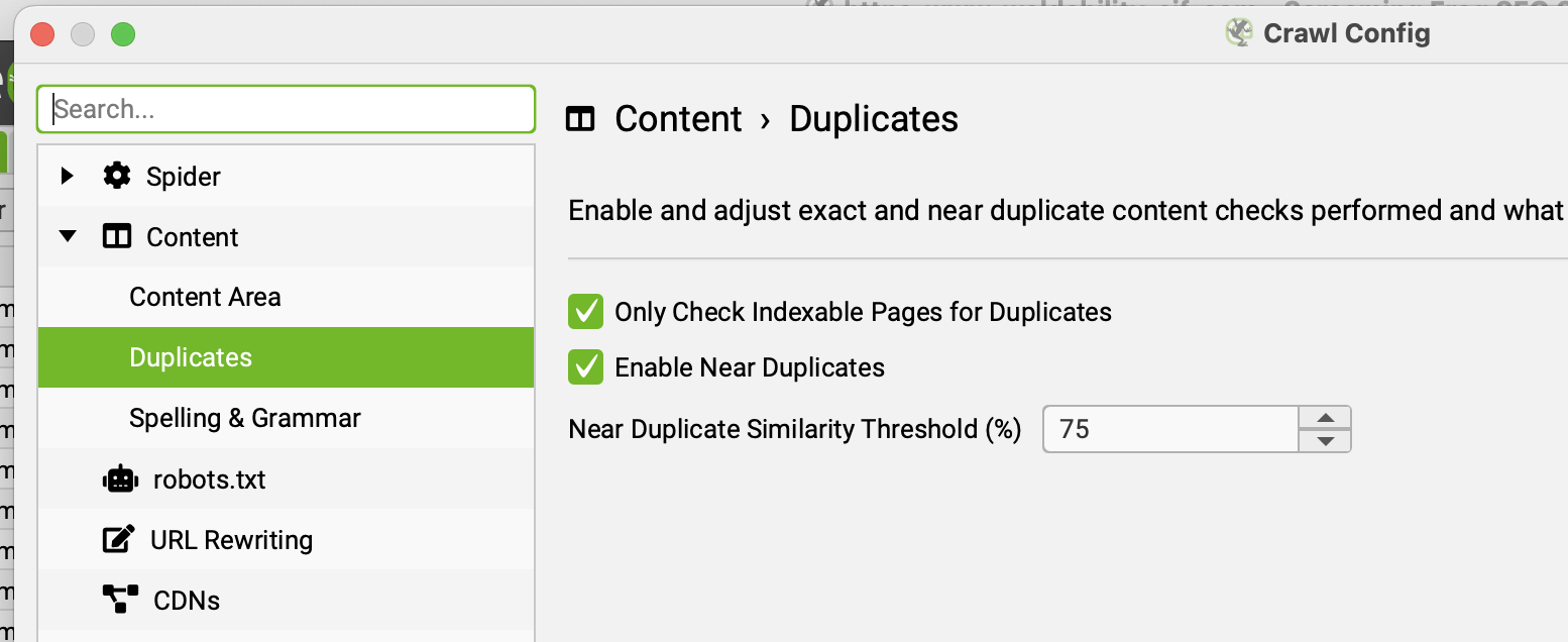 Screaming Frog Near Duplicate Threshold