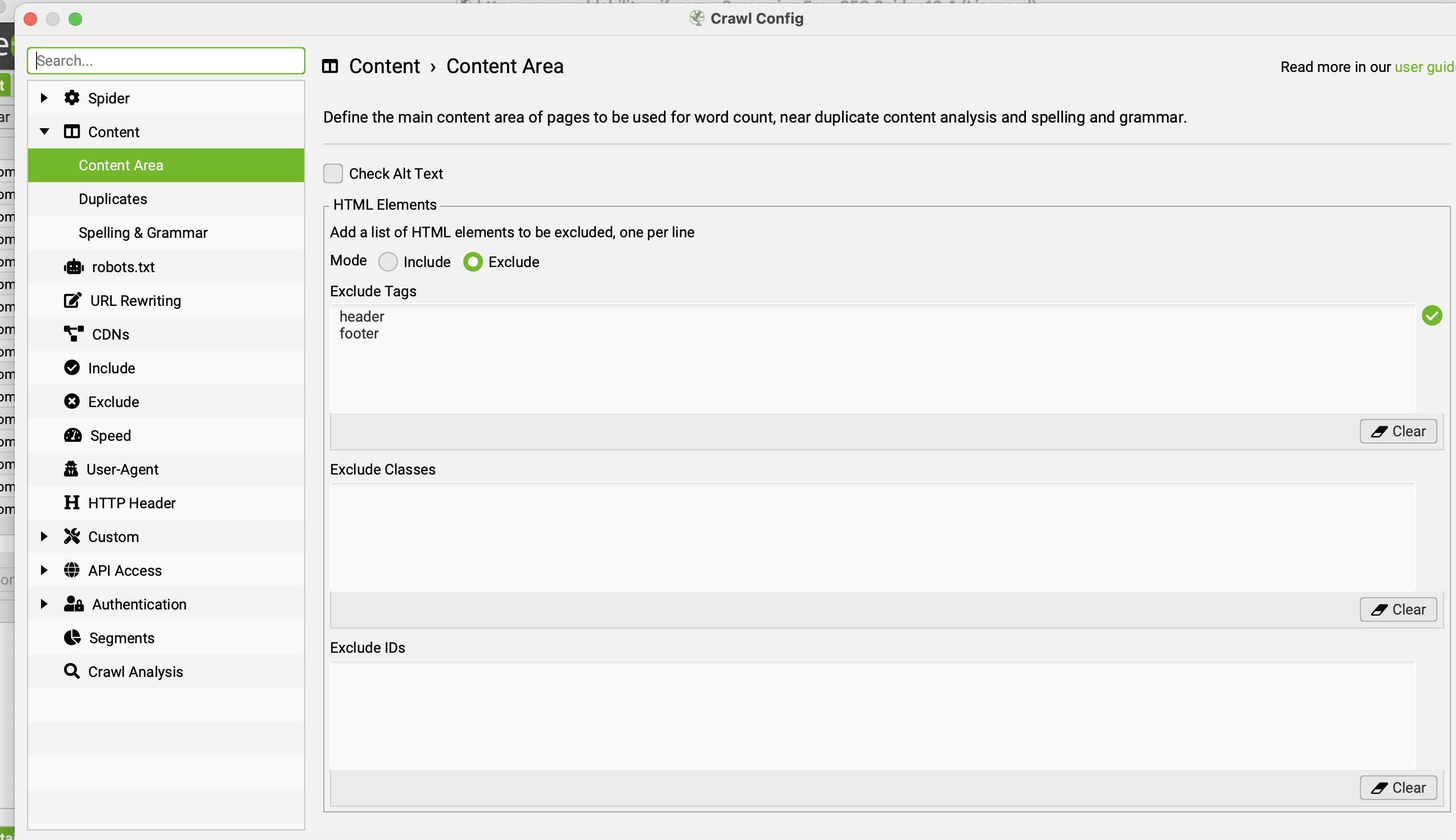 Screaming Frog Configuration for Content  Area