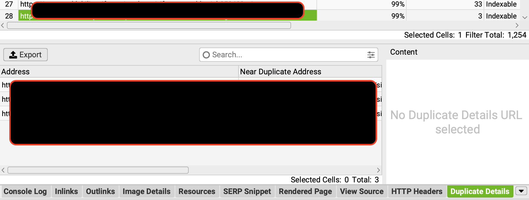 Screaming Frog Content Tab Duplicate Details