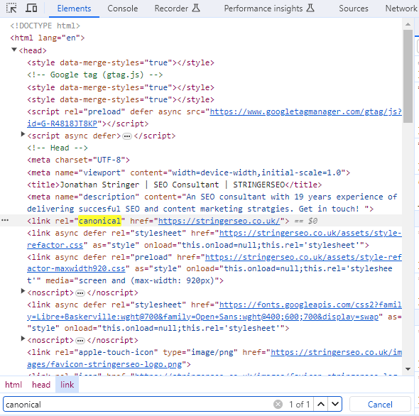 Canonical tag in HTML source code, inspect method