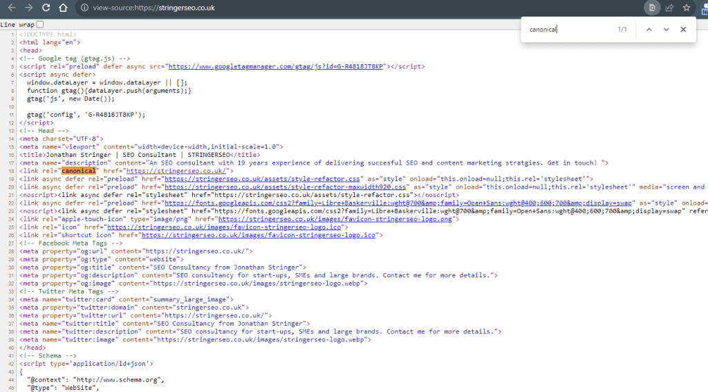 Canonical tag in HTML source code