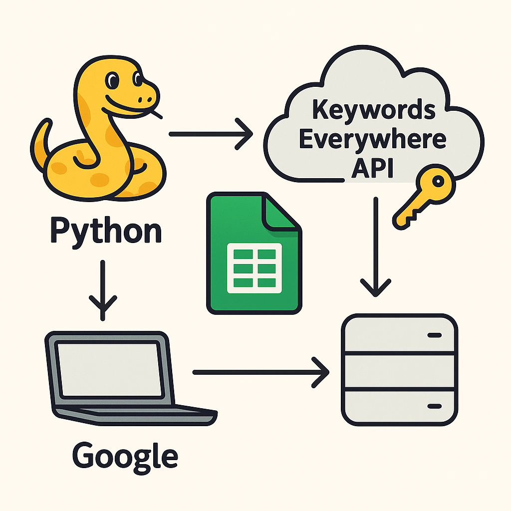 Diagram of automating keyword research in Google Sheets with Keywords Everywhere & Python.